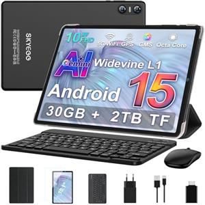 SKYEGG Tablet 10 Pollici Android 15 con Gemini AI, 30GB RAM + Espandibile 2TB ROM, Octa-Core, Widevine L1, WiFi 5G, BT5.0, Fotocamere 8MP/5MP, 6000mAh, con Tastiera, Mouse e Custodia - Nero Scuro
