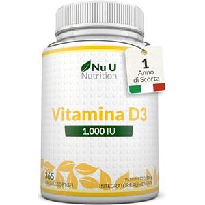 Nu U Nutrition Vitamina D3 1000 UI - 365 Capsule Softgel - 1 Anno di Scorta - Integratore di Vitamina D - Colecalciferolo ad Alta Biodisponibilità - Prodotto in Europa - Nu U Nutrition