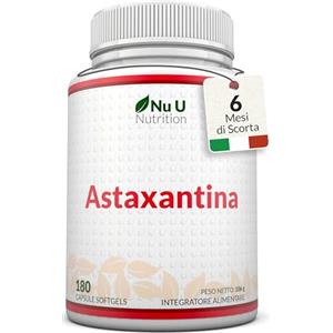 Nu U Nutrition Astaxantina Naturale 12mg - 180 Capsule Softgel - 6 Mesi di Durata - Integratore Antiossidante da Alga Haematococcus Pluvialis - Senza Magnesio Stearato - Prodotta in Europa - Nu U Nutrition