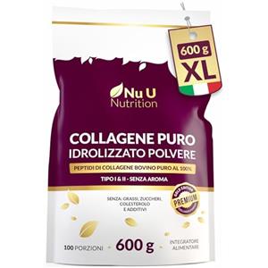 Nu U Nutrition Collagene Idrolizzato Puro in Polvere 600g - 100 Porzioni - Peptidi di Collagene Bovino Tipo I & II - 3+ Mesi di Fornitura - Insapore, No Grumi, Si Mescola Facilmente - Nu U Nutrition