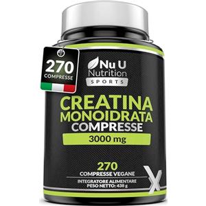 Xellerate Nutrition Creatina Monoidrata 3000mg - 270 Compresse Vegane - 3 Mesi di Scorta - 100% Pura - Creatine Monohydrate per Uomini e Donne - Prodotta in Europa - Integratore Pre & Post Workout - Nu U Nutrition Sports