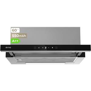 EVVO Cappa aspirante 60 cm telescopica, potenza 550 m³/h, luce LED, filtro alluminio e carbonio, controllo gestale, finitura inox frontale vetro nero, efficienza energetica A++, 3 velocità