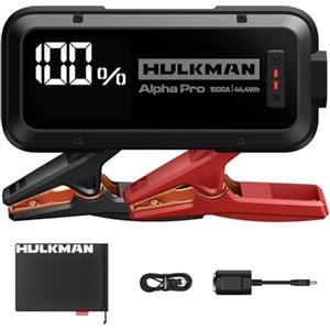 Hulkman Alpha Pro, nero solido. Avviatore smart per batterie 1500A, 44.4Wh. Con display LED 3.3". Batteria portatile auto, carica e scarica PD65W, 12V. Adatta per motori a gas 7.5L e diesel 4.5L