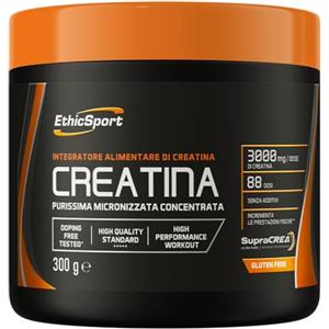 EthicSport Creatina Monoidrato in Polvere SupraCREA Pura 300g Vegan | Mesh 200 alta solubilità, gusto neutro, elevata purezza tracciata. Gluten free, doping free tested. Ideale pre e post workout