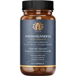 QSTA Ashwagandha KSM-66 + Sensoril (15-20% Withanolidi) Adattogeno e Nootropico per Sonno Profondo, Benessere, Energia, Cortisolo abbassare dimagrire | Fornitura di 2 Mesi