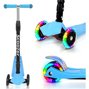 Tubiaz Monopattino per bambini, 3 LED ruote, pieghevole, con 4 monopattini regolabili in altezza, dispositivo di sterzo a gravità, per ragazzi e ragazze da 3 a 14 anni, fino a 50 kg, blu