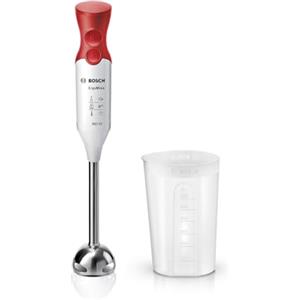 Bosch Frullatore a Immersione MSM64110, 450 W, Impugnatura Ergonomica, Piede in Acciaio Inox, Lama a 4 ali Acciaio Inox, Due Livelli di Velocità, Pratico Bicchiere Graduato Incluso, Bianco, Rosso