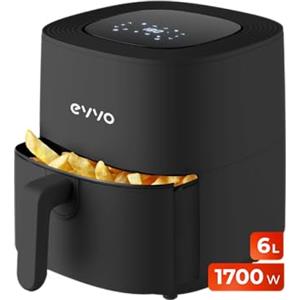 EVVO Friggitrice ad aria senza olio da 6 l, 1700 W, ciotola antiaderente, tecnologia Dual Cyclone, multifunzione, cottura, disidrata, scongelamento, fino a 200 gradi, spegnimento automatico (colore: