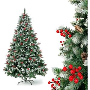 YOUDENOVA Albero di Natale artificiale con neve, albero di Natale 180 cm, con pigne Ilex, albero di Natale