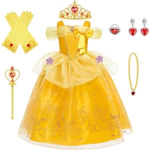 BSBUY Belle Costume, Ragazze La Bella e La Bestia Costumi, 6 Pezzi Principessa Belle Vestito, con Corona Bacchetta Guanti, Ragazze Bella Abiti Set per Cosplay Natale Festa Party Halloween, 140