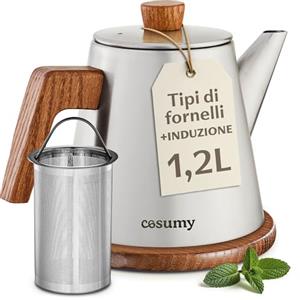 Cosumy Teiera con Infusore 1,2 L in Acciaio Inox - per Tutti i Fornelli | Tiene il tè caldo a lungo, adatta a induzione e a ogni piano cottura, sottopentola incluso, per tè in foglia, tisane e infusi