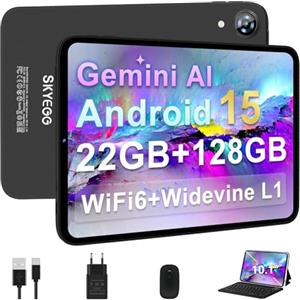 SKYEGG Tablet 10 Pollici Android 15 con Gemini AI, 22GB RAM+ 128GB ROM+2TB Esp., Widevine L1, Octa-Core, WiFi 6, BT 5.0, 6000mAh, Fotocamera 8/5 MP, con Tastiera, Mouse e Custodia, Corpo in Metallo, Grigio