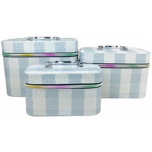 VKZ Beauty Case Donna da Viaggio Set 3 Pezzi, Borsa Porta Trucchi Rigida in Similpelle PU, Trousse Make Up con Manico e Zip, Valigetta Organizer Cosmetici Grande Medio Piccolo,Azzurro a righe bianche
