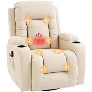 HOMCOM Poltrona Massaggiante Reclinabile Manuale, Poltrona Relax Elettrica Riscaldante Girevole con Dondolo, Portabicchieri, Telecomando, Poggiapiedi, Tasche Laterali, in Pelle PU, Crema