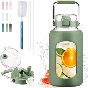 BLUEGO 2500ml Borsa per l'acqua in vetro con manico in acciaio inossidabile 2,5L Borsa per l'acqua grande con custodia in silicone Brocca per l'acqua Senza BPA per lo sport, Oliva