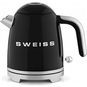 SWEISS Bollitore elettrico vintage KTS9, 1 L, pratico acciaio inox compatto 1200 W, bollitore rapido, livello dell'acqua visibile e graduato, spegnimento automatico, base girevole a 360°, nero
