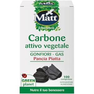 Matt, Carbone Attivo Vegetale, Integratore Alimentare Pancia Piatta, Utile per Contrastare il Gonfiore Addominale ed Eliminare i Gas, Confezione da 100 Compresse