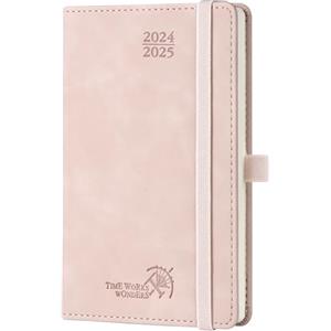 POPRUN Agenda Settimanale 2025 Piccola 16 x 10,5 cm, 1 Pagina a Settimana con 1 Pagina di Appunti, Portapenne Autoadesivo, Copertina Morbida, Carta Spessa da 100 GSM, Rosa