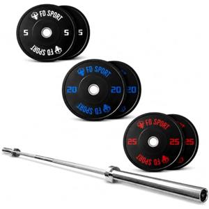 Fitness Discount Kit Bilanciere Olimpico 220 cm con 100 kg Bumper Plates (2x5 kg + 2x20 kg + 2x25 kg) | Set Pesi Olimpici 50 mm per Home Gym, Cross Training, Weightlifting e Powerlifting