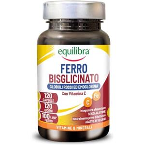 Equilibra® Ferro Bisglicinato, 120 Capsule, assorbimento ottimale, Integratore con Ferro e Vitamina C, per la Normale Formazione di Glubuli Rossi ed Emoglobina, Adatto ai Vegani, Senza Glutine