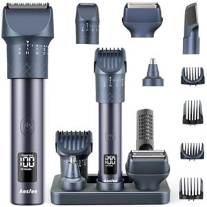 Aesfee Tagliacapelli Regolabarba Rasoio Elettrico Barba Uomo, Kit Toeletta 5 in 1, 20 Livelli Impermeabile IPX7, Base Ricarica USB-C Display LED, Blocco Viaggio, Regalo Uomini