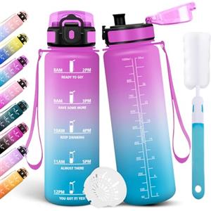 Motswedi Borraccia 1 Litro, Borraccia Palestra, a Prova di Perdite Bottiglia acqua, Include Spugna di Pulizia, Motivazionale Bottiglia Plastica 1l, per Palestra, Escursionismo, Rosso rosa & Ciano