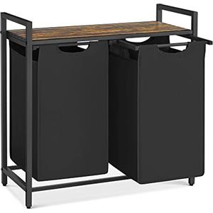 VASAGLE Cesto Portabiancheria, Porta Biancheria, 2 Sacchi in Tessuto Rimovibili, Piano d'Appoggio, Metallo, 2 x 46 L, 73 x 33 x 72 cm, Nero Inchiostro e Marrone Vintage BLH201B01