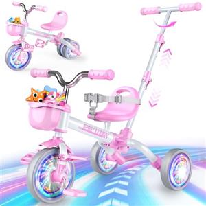 HappyGoLucky 5 in 1 Triciclo per Bambini Evolutivo, Bicicletta Bambini 1-5 Anni-Ruote Luminose/Maniglia Parentale/Sedili&pedali Regolabili, Giochi Bambini Regalo Gioco Bambina 1-5 Anni Giochi Da Esterno Pasqua