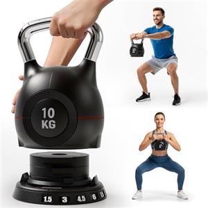 LIFERUN Kettlebell Regolabile 7 in 1, 10/20 kg Kettlebell con 7 Livelli di Peso, Manubrio per Allenamento a Casa & Fitness, Ideale per Allenamento Completo del Corpo (10 kg, Nero)