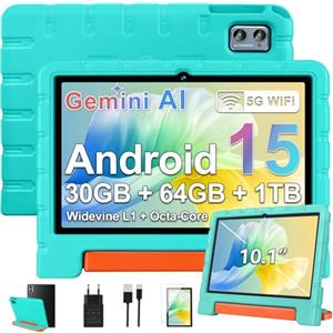 ZIOVO Tablet bambini Android 15 Tablet 10 pollici, 30 GB RAM + 64 GB ROM (TF 2 TB) Gemini AI, 5 G WiFi/Octa-Core/Widevine L1/Face ID/Controllo genitore/6000 mAh/BT 5.0, Tablet con custodia EVA - Verde