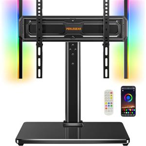 Perlegear supporto TV universale con luci LED, supporto TV da tavolo per TV 24-60″ fino a 45 kg, porta TV regolabile in altezza e inclinazione, base in vetro temperato, VESA max 400x400 mm, PGTVS49B