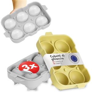 Blumtal Set di 3 stampi per cubetti di ghiaccio in silicone - 6 stampi per cubetti di ghiaccio con coperchio - Stampo per palline di ghiaccio in silicone senza BPA - grigio + grigio + giallo