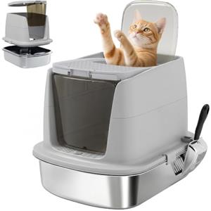 PawHut Lettiera Gatto Chiusa in Acciaio Inox con Coperchio Ribaltabile, Toilette per Gatti con Doppia Porta, Paletta, Pareti Alte, Antiperdita, Antiodore, Facile da Pulire, Grigio Chiaro