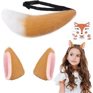 AOOWU 4 Pezzi Finto Peloso Volpe Gatto Orecchie Cosplay Set, Costume Volpe per Bambini Adulti, con Peluche Peloso Volpe Gatto Orecchie Volpe Coda e Adesivo, per Halloween Cosplay Costume Carnevale