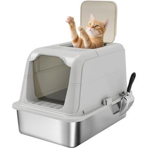 PawHut Lettiera Gatto Chiusa in Acciaio Inox con Coperchio, Toilette per Gatti Grandi, Entrata Frontale e Uscita Superiore, Paletta, Sacchetto Deodorante, Facile da Pulire, Grigio Chiaro