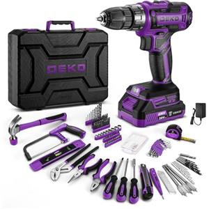 DEKO Cassetta Attrezzi Completa con Trapano Avvitatore Batteria 20V, 186 Pezzi, Set Completo di Punte, Viola