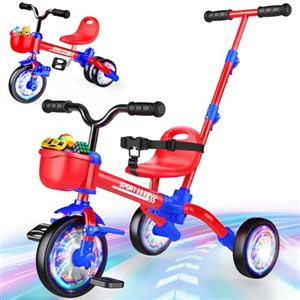 HappyGoLucky 5 in 1 Triciclo per Bambini Evolutivo, Bicicletta Bambini 1-5 Anni-Ruote Luminose/Maniglia Parentale/Sedili&pedali Regolabili, Giochi Bambini Regalo Gioco Bambino 1-5 Anni Giochi Da Esterno Pasqua