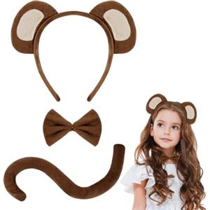 AOOWU 3 Pezzi Scimmia Costume Set, Costume Animale Set Orecchie di Scimmia Fascia Coda Lunga Scimmia, per Bambino Fancy Dress Halloween Carnevale Festa
