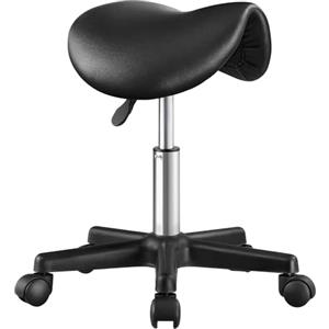 SONGMICS Sgabello a Sella, in Ecopelle PU, Girevole e Regolabile in Altezza, Ergonomico, 56 x 56 x (45-61) cm, Nero, per Ufficio e Salone, Collezione Activo OSC014B101