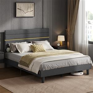 VASAGLE Struttura Letto Matrimoniale, Telaio Letto, per Materasso 160 x 200 cm, Testiera Imbottita Regolabile, Metallo e Legno, Moderno, Grigio Ardesia RMB505G01