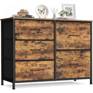 SONGMICS Cassettiera con 5 Cassetti in Tessuto, Struttura in Acciaio, Mobiletto Portaoggetti, 98,7 x 30 x 74,7 cm, per Camera da Letto, Soggiorno, Marrone Vintage, Collezione Bellah LGS235K101
