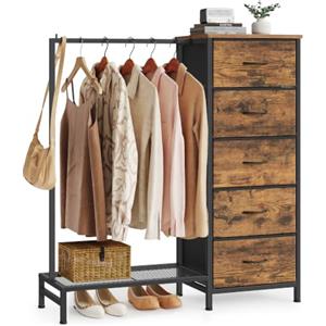 SONGMICS Stand Appendiabiti con Cassettiera, Armadio Aperto con 5 Cassetti in Tessuto e Barra, Ripiano Inferiore, 96,2 x 30 x 117,7 cm, Marrone Vintage, Collezione BELLAH LGS423K101