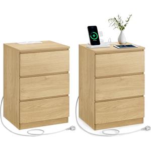 VASAGLE KAILYN Collezione - Comodino con Stazione di Ricarica, Set di 2, con 3 Cassetti, 2 Prese AC 2 Porte USB, per Soggiorno, Camera da Letto, Studio, Giallo Paglierino LET831Y70