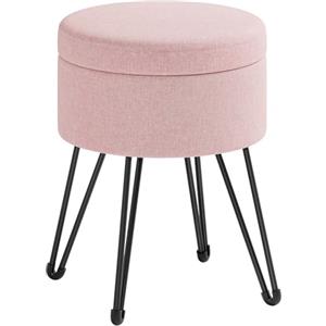SONGMICS Pouf Contenitore, Sgabello in Tessuto Simil Lino, Poggiapiedi e Tavolino, 39 x 39 x 44,4 cm, per Camera da Letto, Rosa Pastello e Nero Opaco, Giana LOM002R01