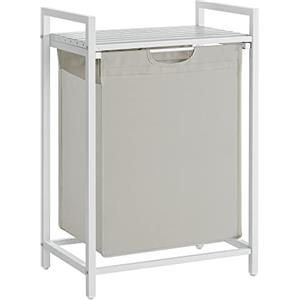 VASAGLE Cesto Portabiancheria, Porta Biancheria, Sacco in Tessuto Estraibile e Rimovibile, Piano d扐ppoggio, Metallo, 65 L, 50 x 33 x 72 cm, Bianco Crema e Bianco Opaco BLH101W01