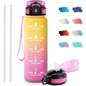 JAPORIA Borraccia 1 Litro, Borraccia senza BPA, Riutilizzabile, Bottiglia con Cannuccia, Bottiglia Motivazionale con Indicatore del Tempo, A Prova di Perdite, Borracce per Scuola, Ufficio, Campeggio