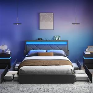 VASAGLE Struttura per letto matrimoniale, Struttura per letto, 160 x 200 cm, LED, Letto in metallo, 4 cassetti, Stazione di ricarica, Testiera imbottita regolabile, Grigio ardesia-Nero opaco RMB828G02