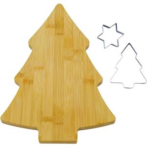Fackelmann Zenker Set Tagliere in Bambù a Forma di Albero di Natale e 2 Tagliabiscotti in Acciaio Inox, Decorazioni Natalizie per Biscotti e Antipasti, Set cucina natalizia