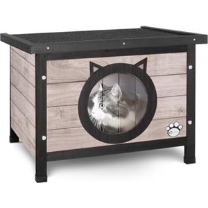 VOUNOT® Casetta per Gatti in Legno con Porta Design Orecchie di Gatto, Cuccia da Esterno Casa per Gatti con Porta e Tetto 57 x 45 x 43 cm, Grigio