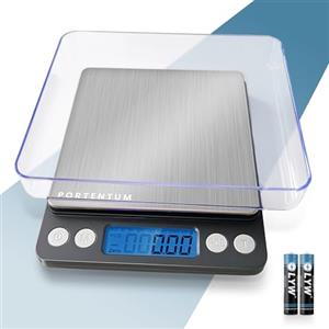 PORTENTUM Bilancia da Cucina Digitale - Alta Precisione da 0.1g a 500g bilancia cucina Funzione Tara Bilance Alimenti Elettronica con Piattaforma in Acciaio Inossidabile per Pesa Cibo, Display LCD